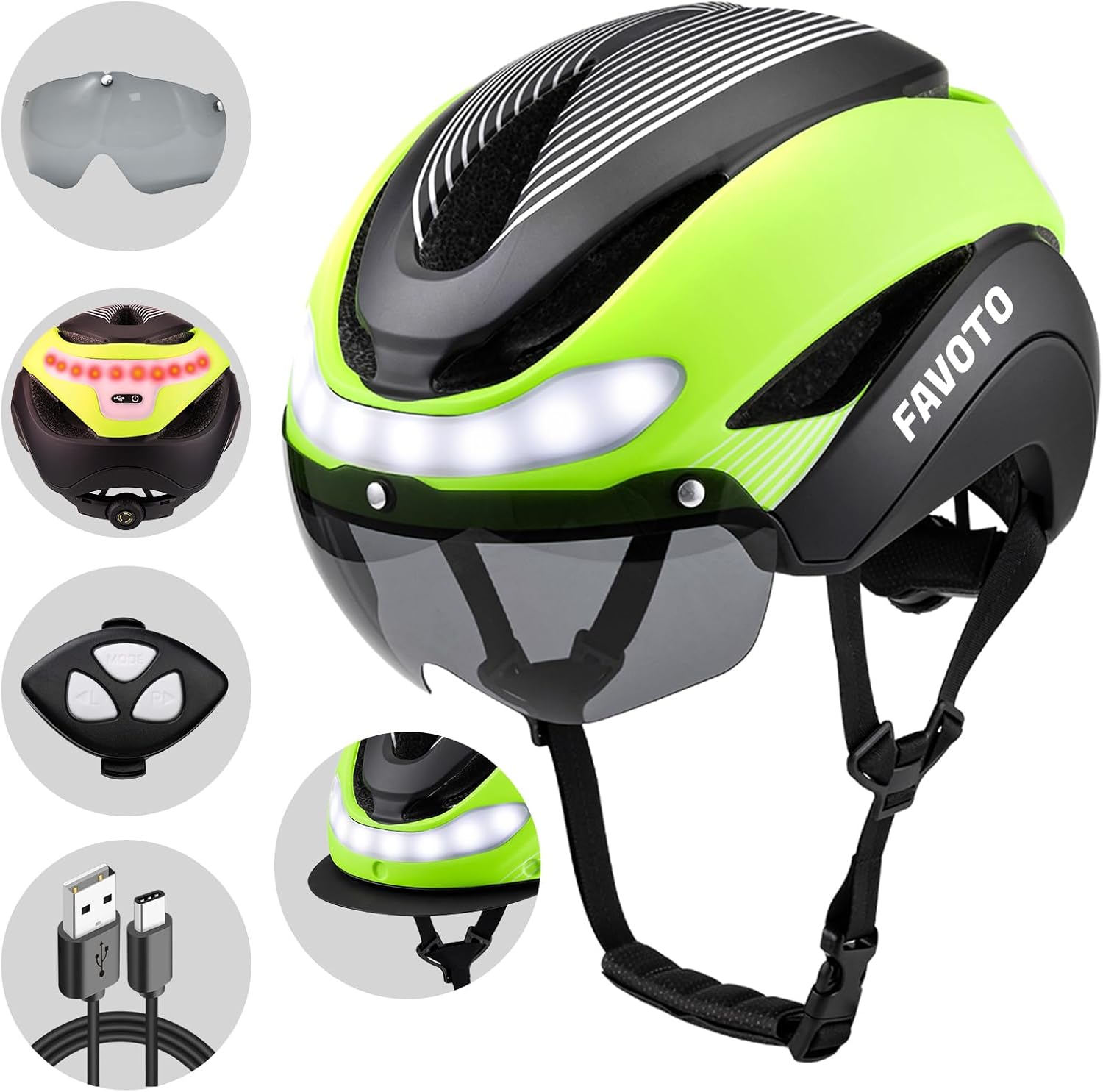 Favoto Bike Helmet with Turn Signals Lights - Green