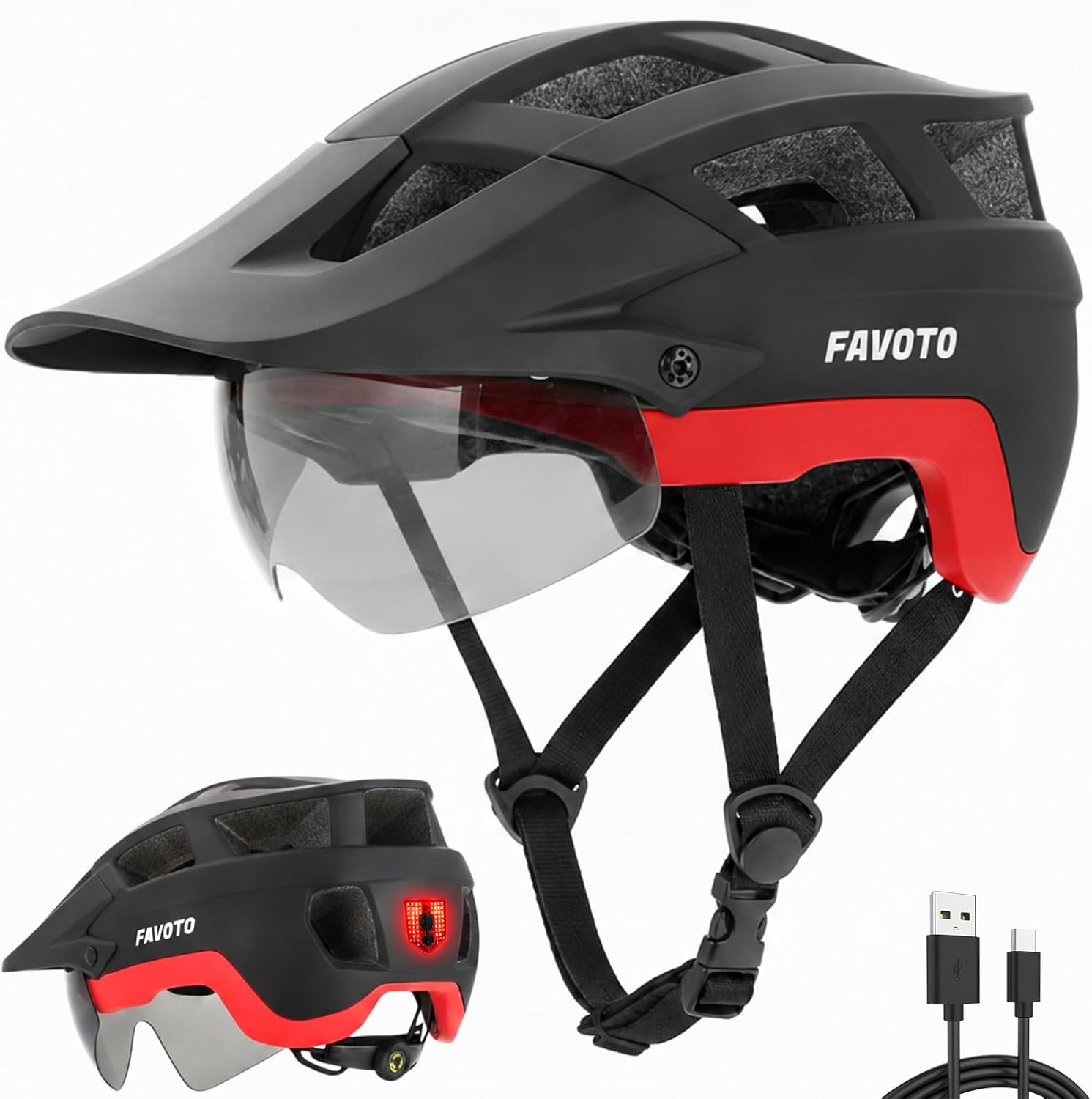 Favoto MTB Bicycle Helmet with Light, Visor