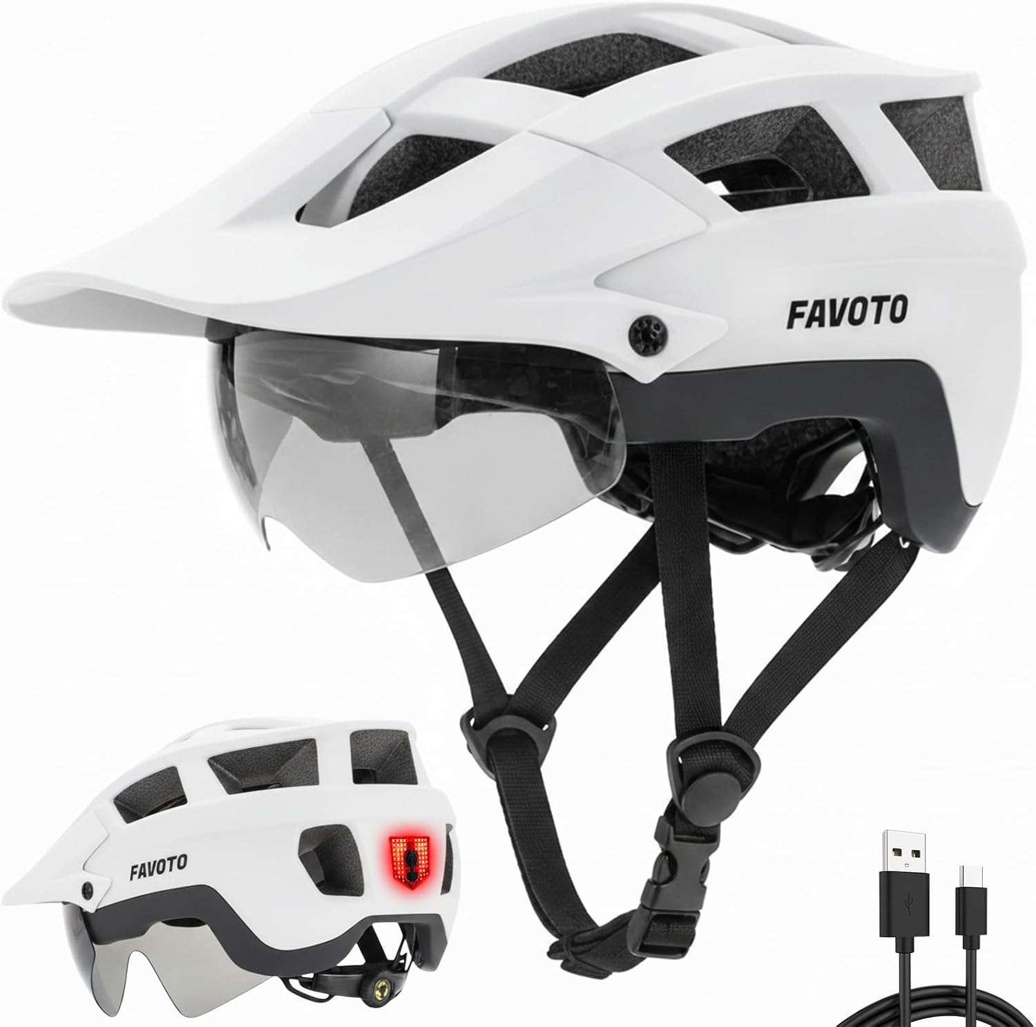 Favoto MTB Bicycle Helmet with Light, Visor
