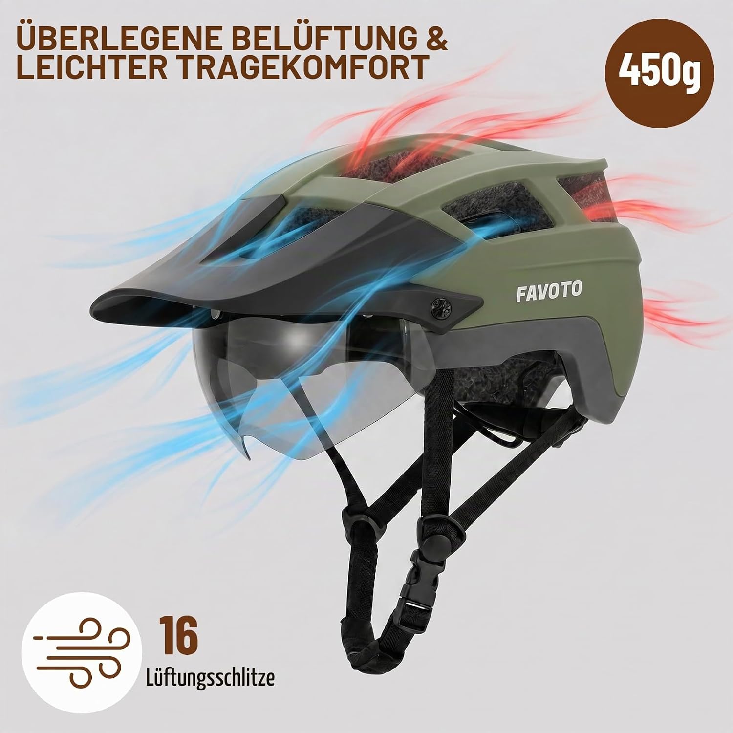 Favoto MTB Bicycle Helmet with Light, Visor