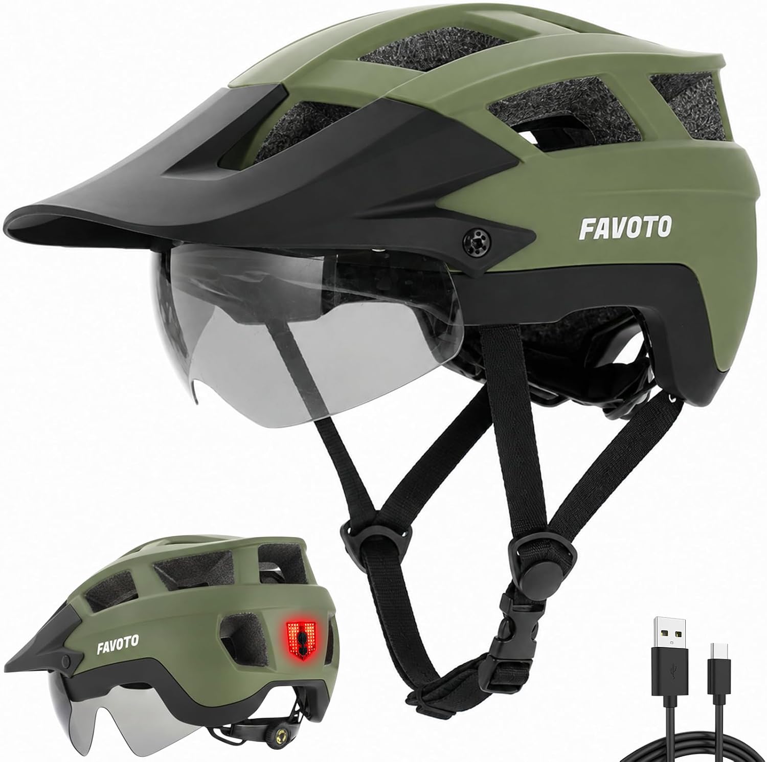 Favoto MTB Bicycle Helmet with Light, Visor