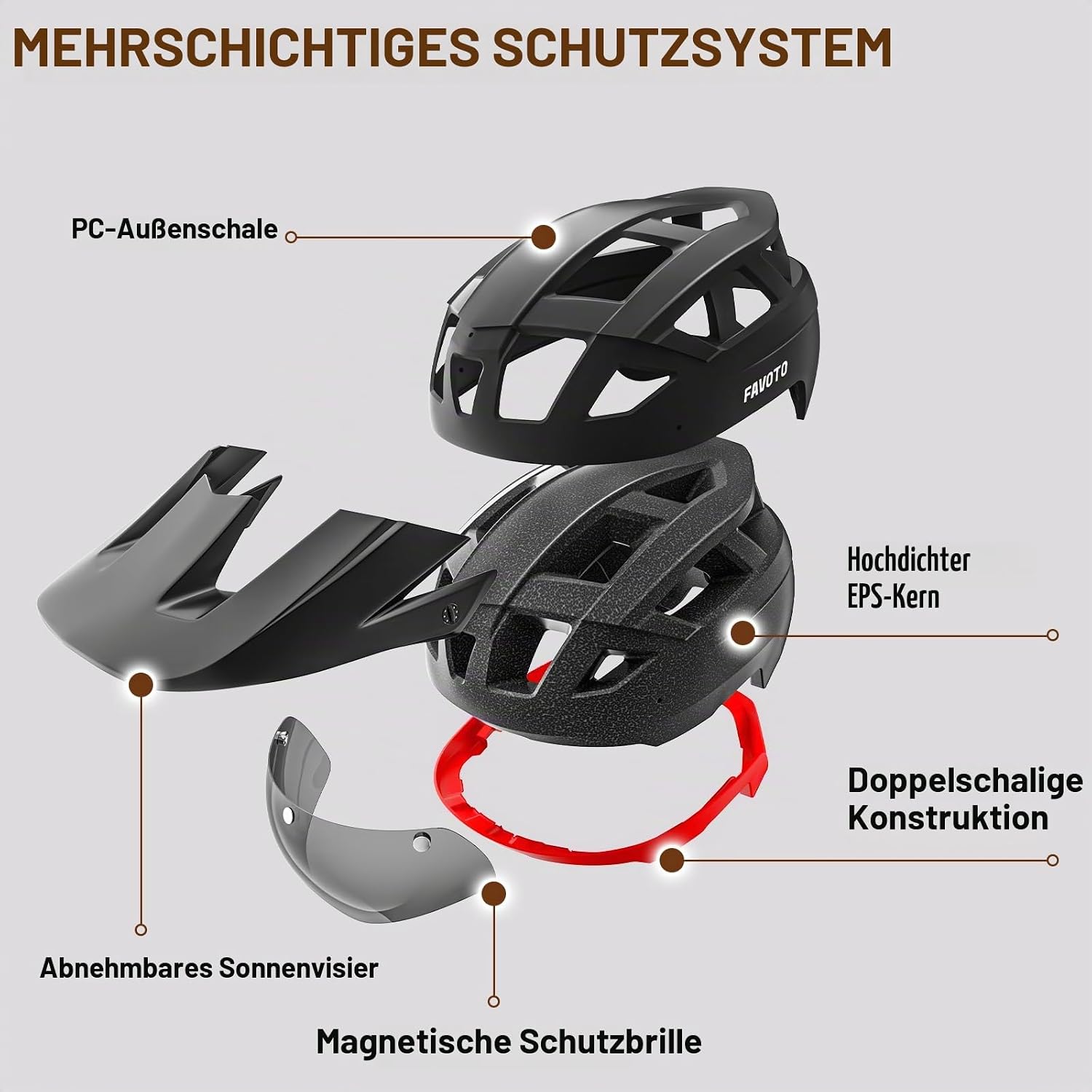 Favoto MTB Bicycle Helmet with Light, Visor