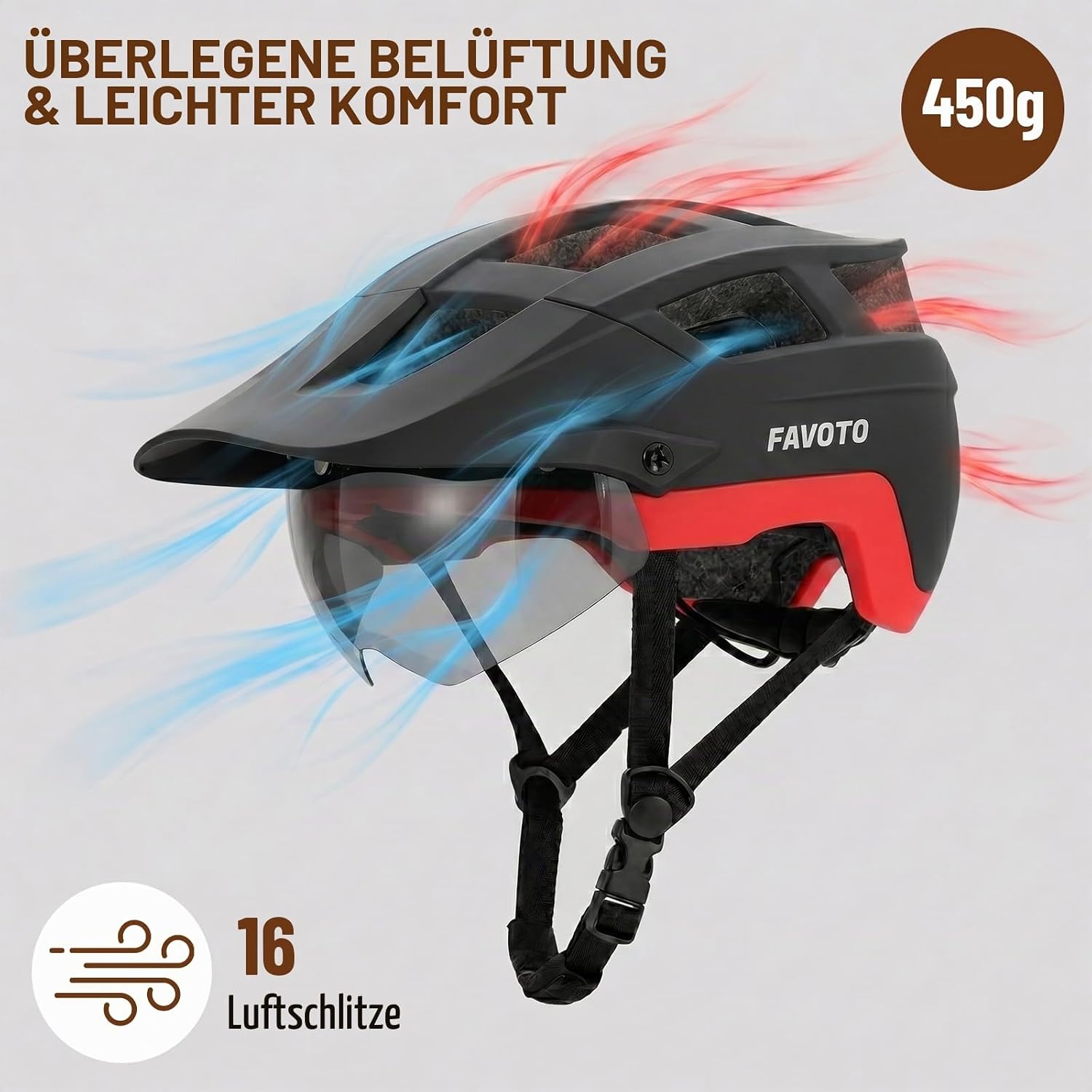 Favoto MTB Bicycle Helmet with Light, Visor