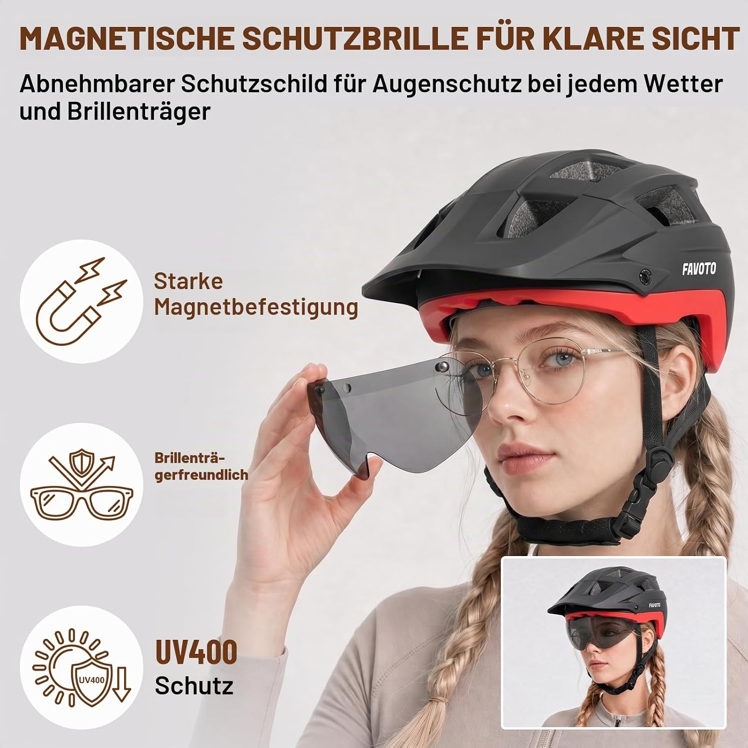 Favoto MTB Bicycle Helmet with Light, Visor