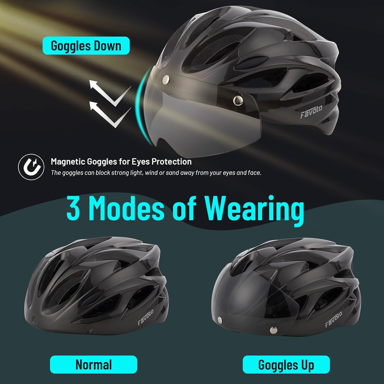 bike helmet with eye protection Favoto Casque de vélo pour homme avec Lumière - Casque de vélo léger et respirant avec lunettes - Lumière arrière
