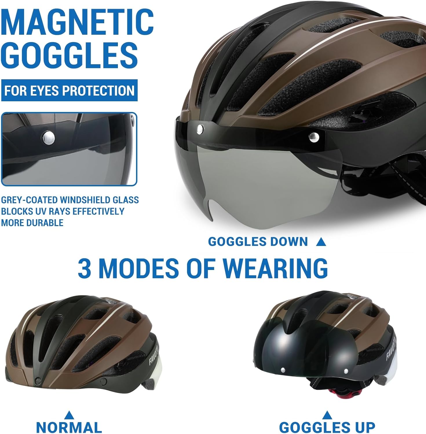 Favoto Bike Helmet with Light and Magnetic Goggles - Brown