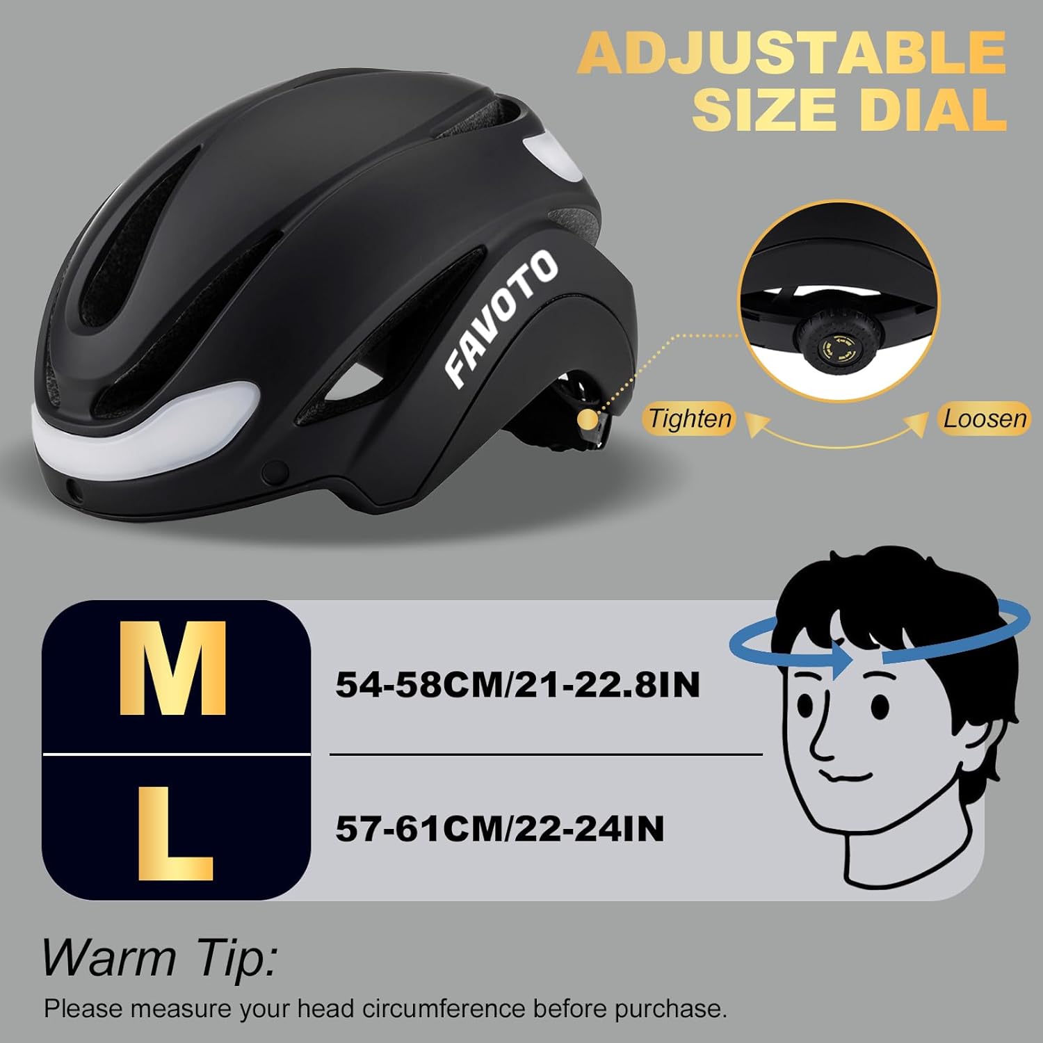 Favoto Bike Helmet with Turn Signals Lights - Black