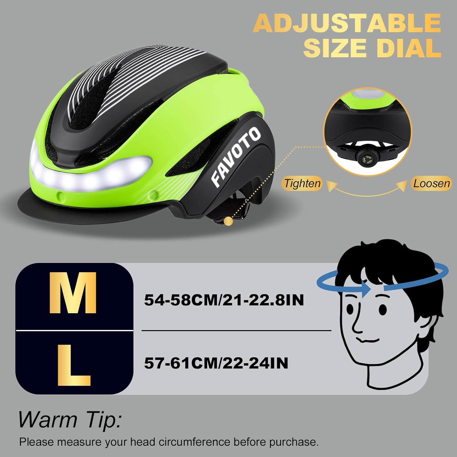 Favoto Bike Helmet with Turn Signals Lights - Green